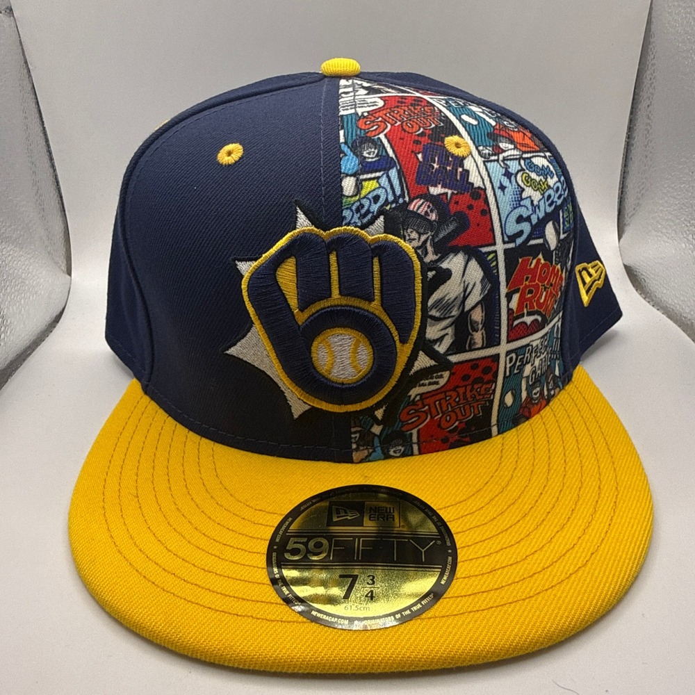 New Era 59FIFTY Milwaukee Brewers Comic Book Split Fitted Hat 7 3/4 Navy Yellow